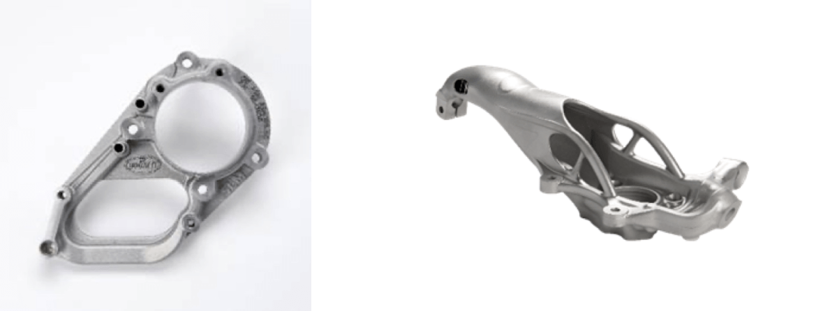 Motor bracket from Bugatti (left) and the company Hirschvogel car steering knuckle (right)